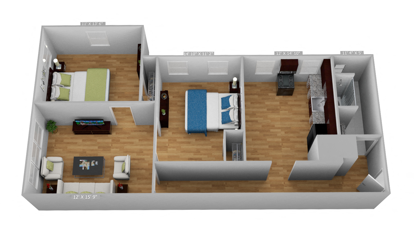Floor plan for 2 beds, 1 bath, 925 sqft